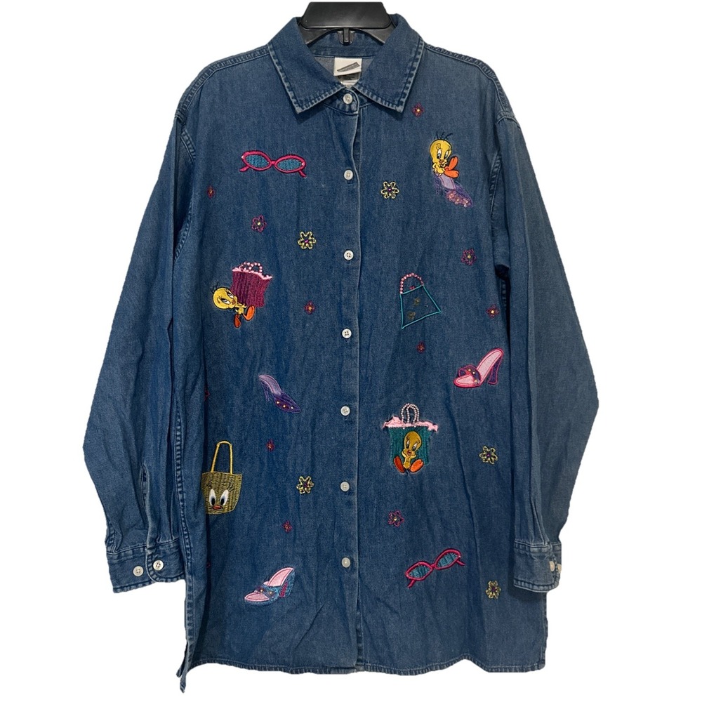 Vintage Y2K Warner Brothers Tweety Bird‎ Denim Shirt Woman's Size Small